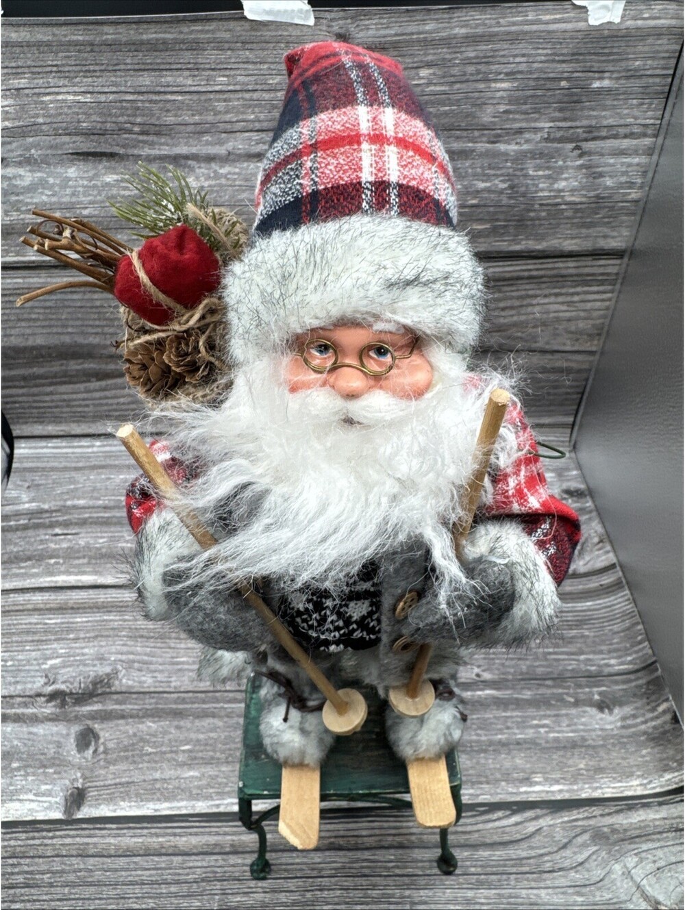 Santa In Plaid On Skiis 12” Cottagecore Cabincore Coastal Granny Holiday Decor